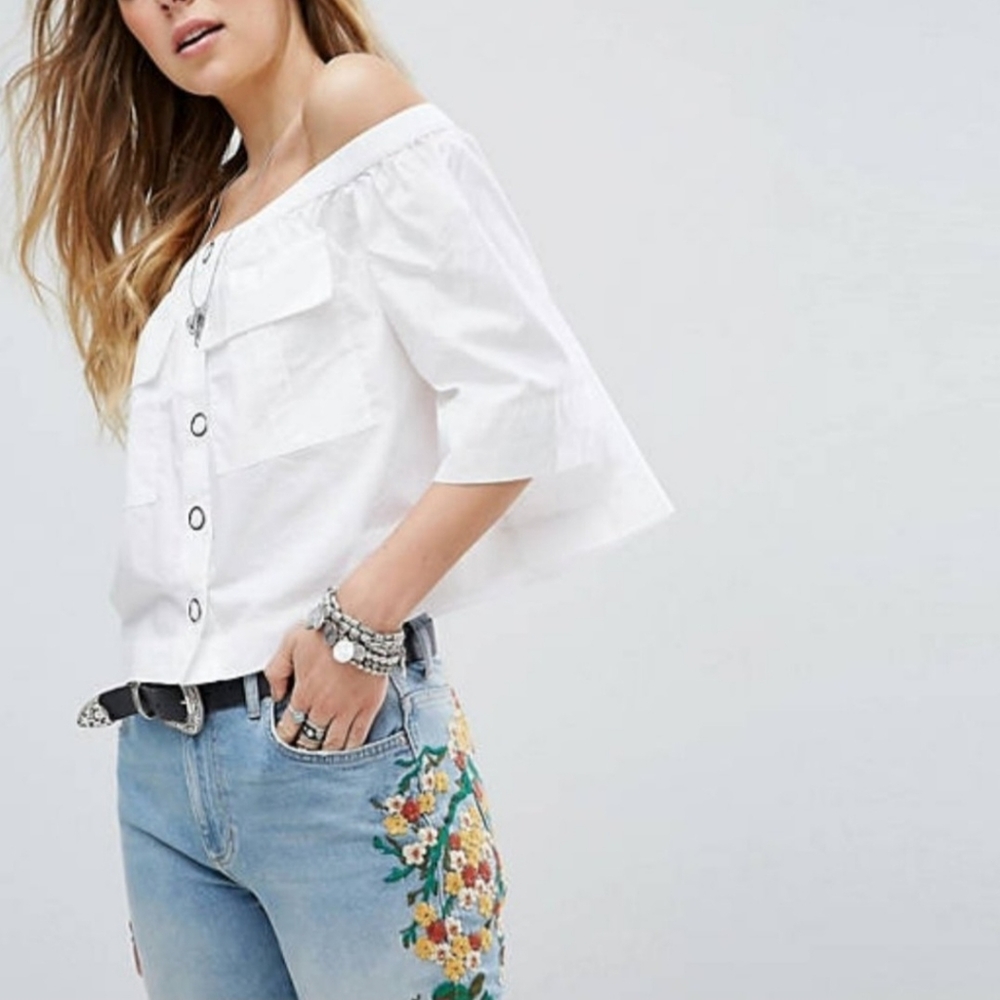 Free People Women Boxy Top Blouse Sz M Neutral 100% Cotton Off Shoulder White